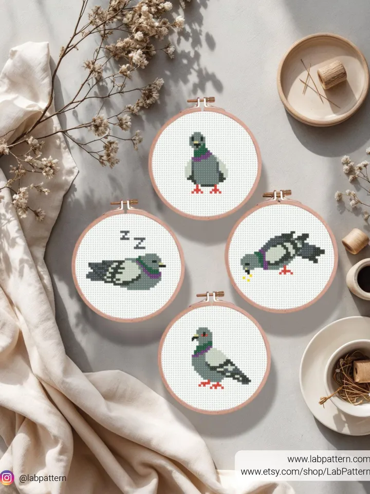 Bundle Pigeon cross stitch pattern, Set of 4 pigeon paterns, Tiny, bird, beginner counted, modern chart, gift DIY, embroidery, instant PDF