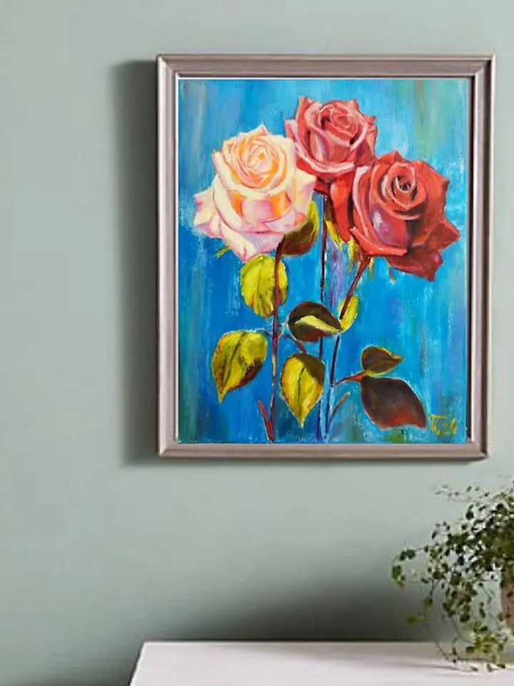 Original painting on canvas with roses, still life with flowers  50*40 cm