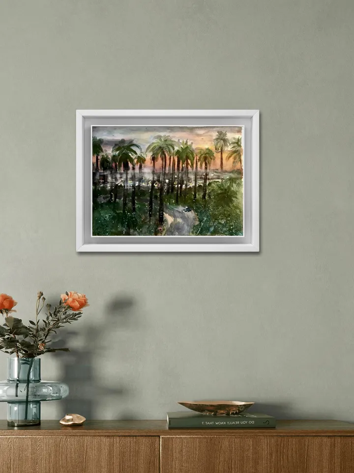 Los Angeles original watercolour painting,sunset palm trees painting,wall art,city painting,USA painting,unique handmade watercolor art.