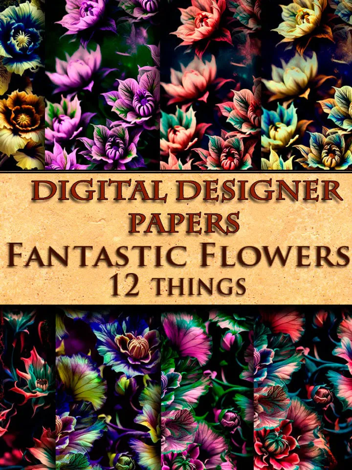 Fantastic Flowers Seamless Pattern for Printing and Crafting. Set of 12 Designs - 12x12 Inches. Fantastic Flowers.