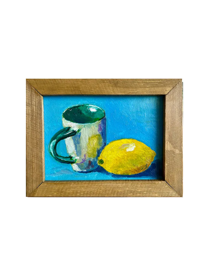 Lemon painting oil, original lemon and cup still life painting, fruit wall art, framed citrus painting, kitchen wall decor