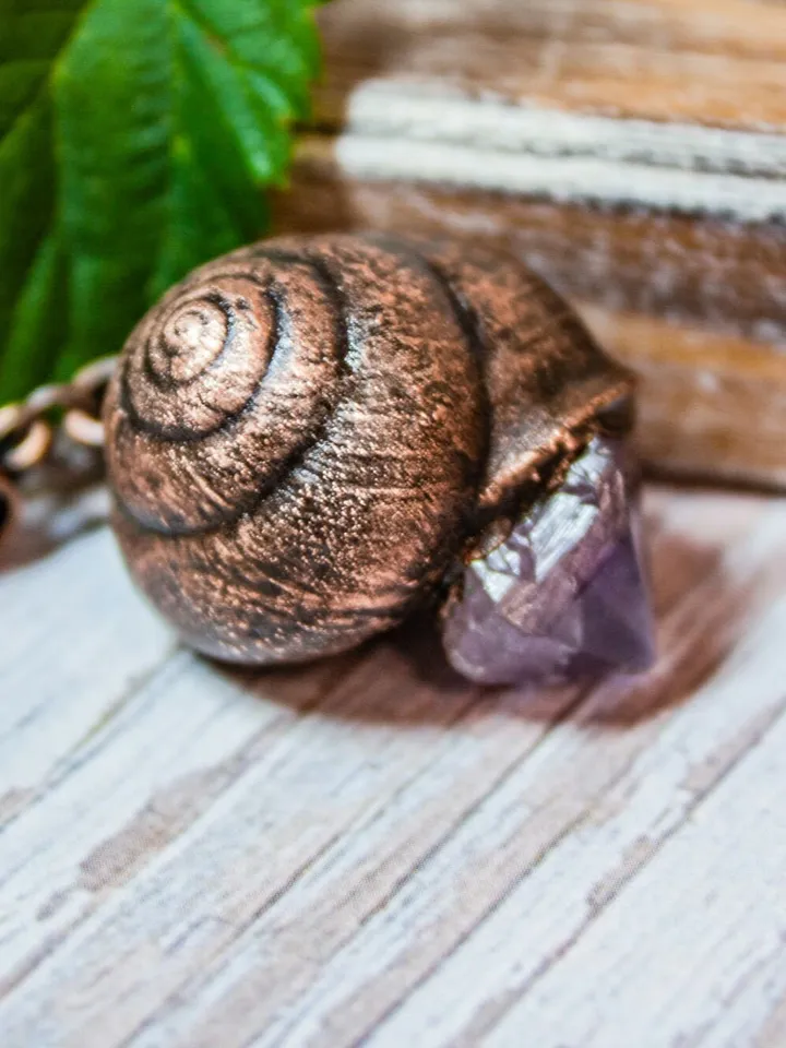Handmade copper pendant made from real shell using electroforming process, embellished with natural amethyst, great gift for her and him
