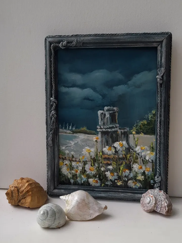 Oil painting on cardboard Before the storm. Painting in a decorative frame