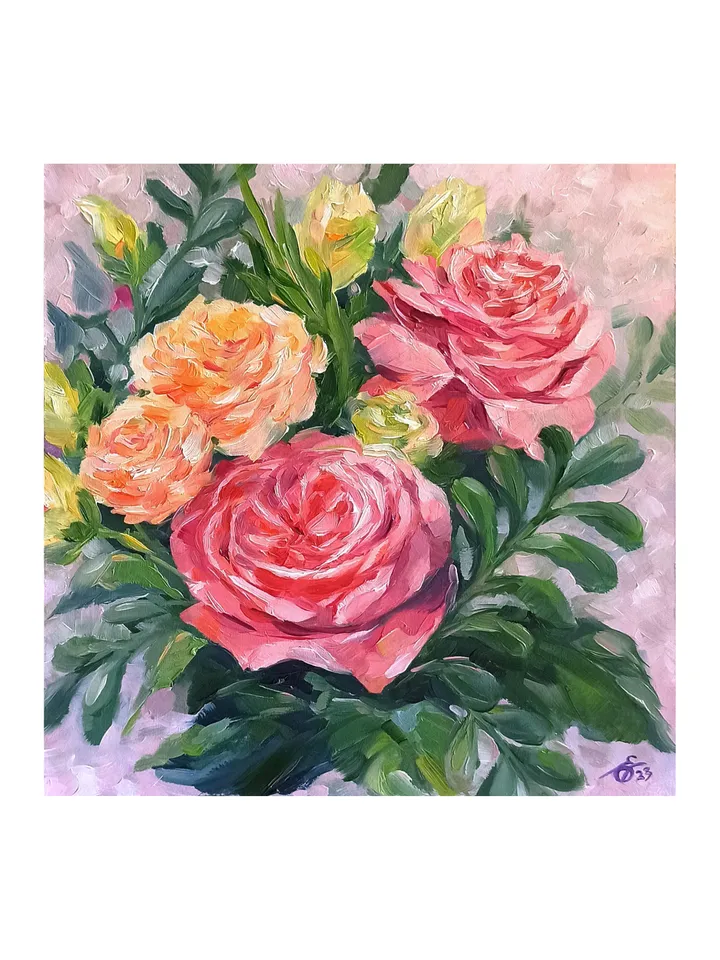 Square painting with roses, Bouquet of variegated flowers, Original oil painting, Painting with flowers.