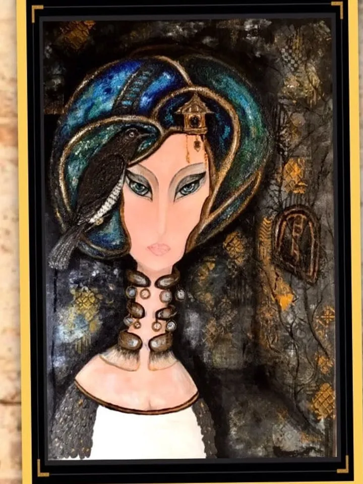 Woman portrait painting,Fantasy portrait of a woman with watches and magpie,collage background,acrylic on stretched canvas.