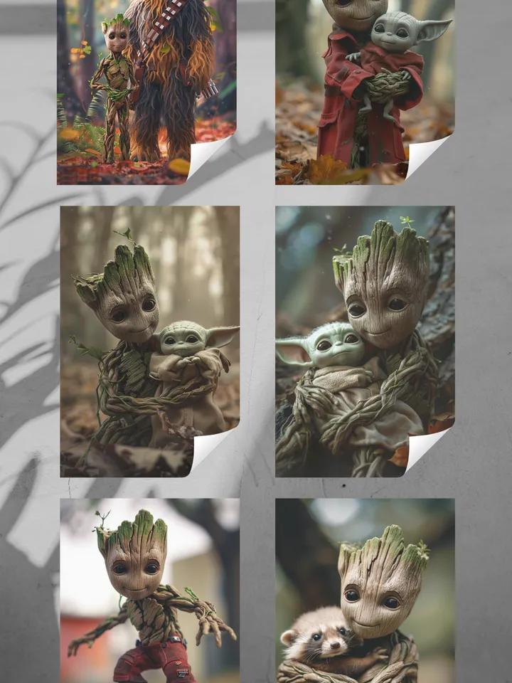 Set of 6 Baby Groot, Baby Yoda, Rocket, and Chewbacca Postcards – Marvel and Star Wars Crossover Art