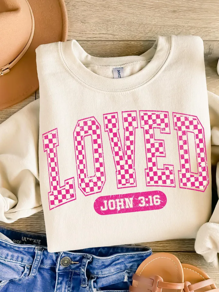 Christian Valentines Png, Loved John 3:16 Png, Retro Valentine Png, Valentines Day Png, Bible Verse Png, XOXO Png, Checkered Varsity Png
