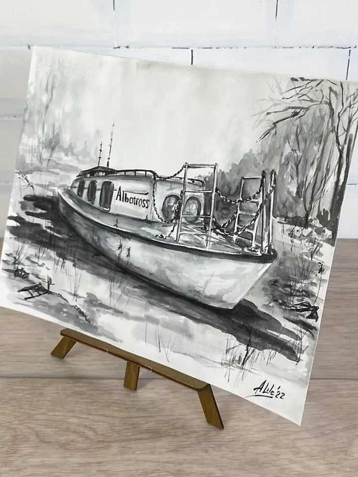 Boat painting Original watercolor painting B&W art Graphic painting Monochrome painting