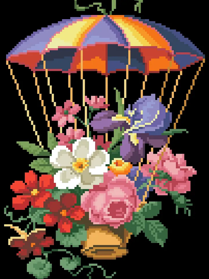 Antique Cross Stitch Pattern Parachute with a Bouquet Counted Digital Download PDF