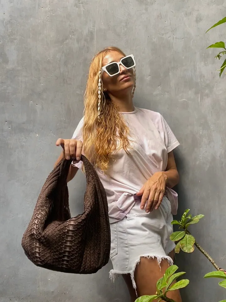 Medium Soft Hobo Classy Sport Woman Stitched Bag | Purse Genuine Python Skin | Dewi Brown Big Elegant Leather Designer Soft Bag Snake |