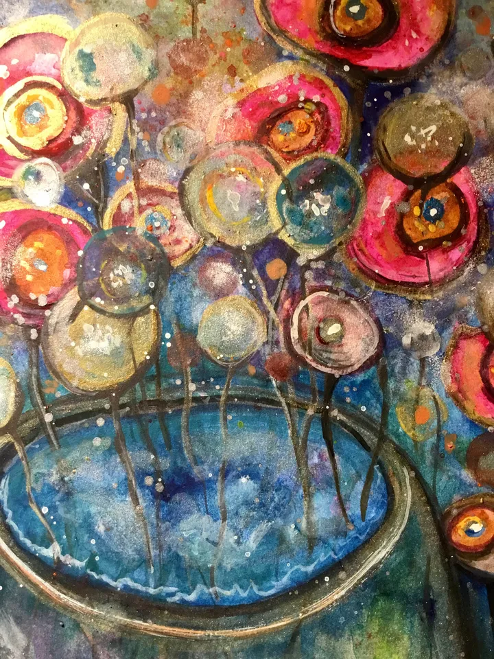 Foreign gardens-original watercolour mix media painting,fantasy flowers wall art,floral landscape,wall decoration,unique gift.