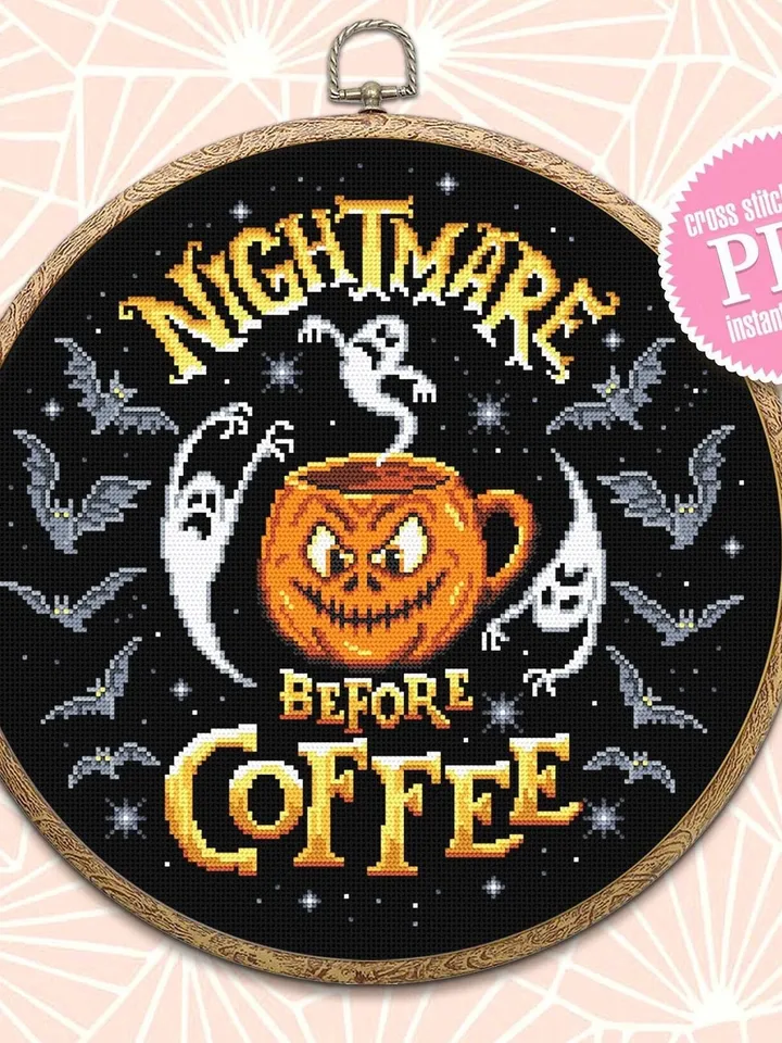 Nightmare before coffee cross stitch pattern download PDF, Halloween coffee mug cross stitch, Scary ghost, Halloween pumpkin embroidery #H42