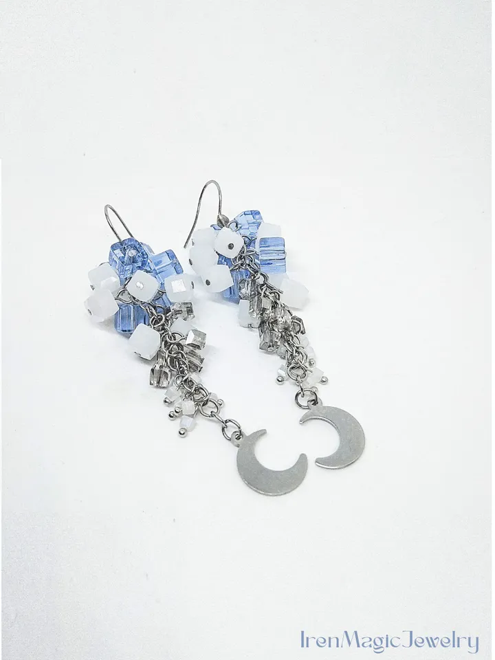 Moon Drop Cluster Earrings in Blue and White Beads