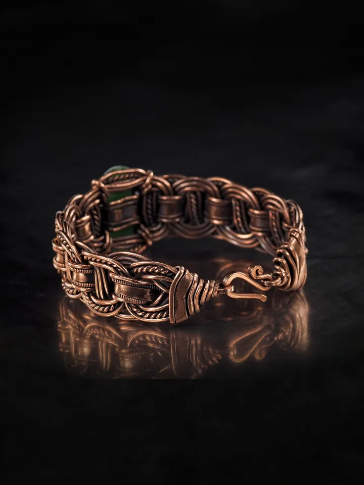Copper wire wrapped jade bracelet 7th Anniversary gift