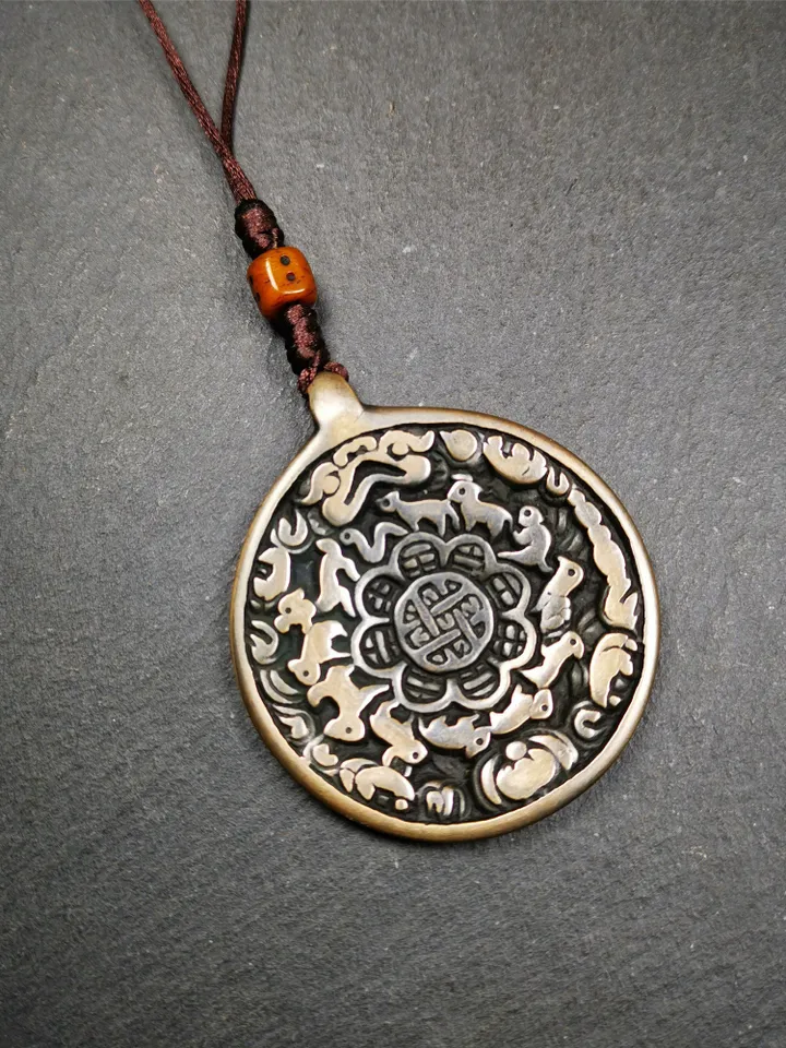Gandhanra Antique SIPAHO(srid pa ho) Amulet, Tibetan Buddhist Astrology Calendar Badge,12 zodiac Melong Mirror, Jiugong Bagua,30 Years Old