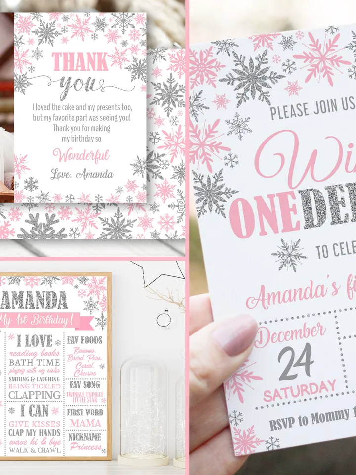 Winter Onederland Birthday Girl Decorations, Winter Onederland Birthday Party Package Bundle, Pink Silver Snowflakes Editable Template