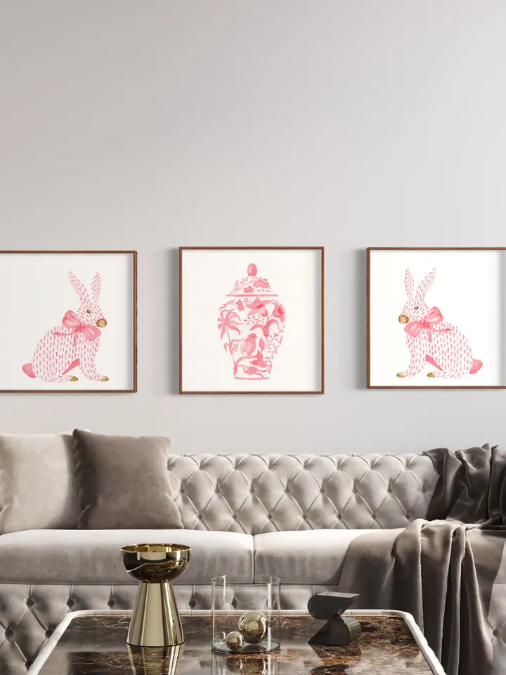 Pink Chinoiserie Set of 3 Art Prints, Watercolor Painting, Asian Vase Art, Rabbit Painting, Pink Bow Art, Ginger Jar, Chinoiserie Set Print