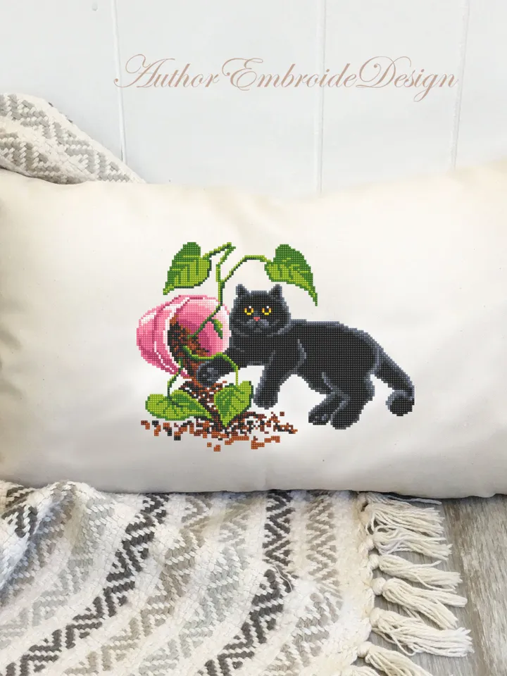 Set black cat cross stitch pattern PDF download House plants cross stitch chart, Funny cat pattern digital PDF, Cat lover gift #K48