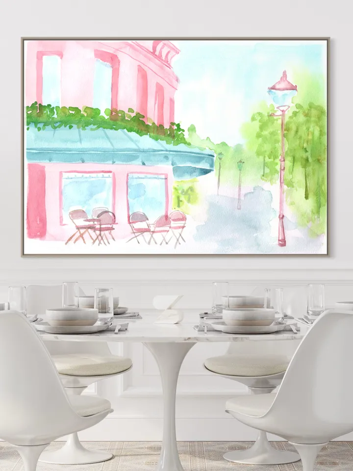 Pink Blue French Street Painting, French Watercolor, Pastel Pink Wall Art, Pink House Painting, Cityscape Watercolor, Gift For Her, Pink Art