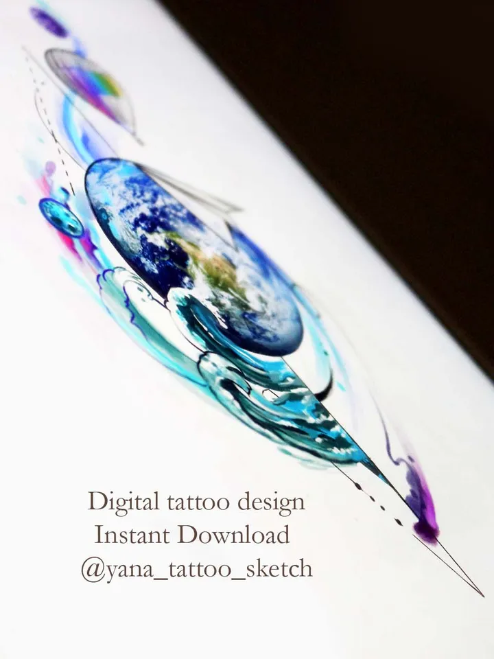 Travel Tattoo Design Planet Earth And Paper Airplane Tattoo Idea Flash Sketch, Instant download JPG, PDF