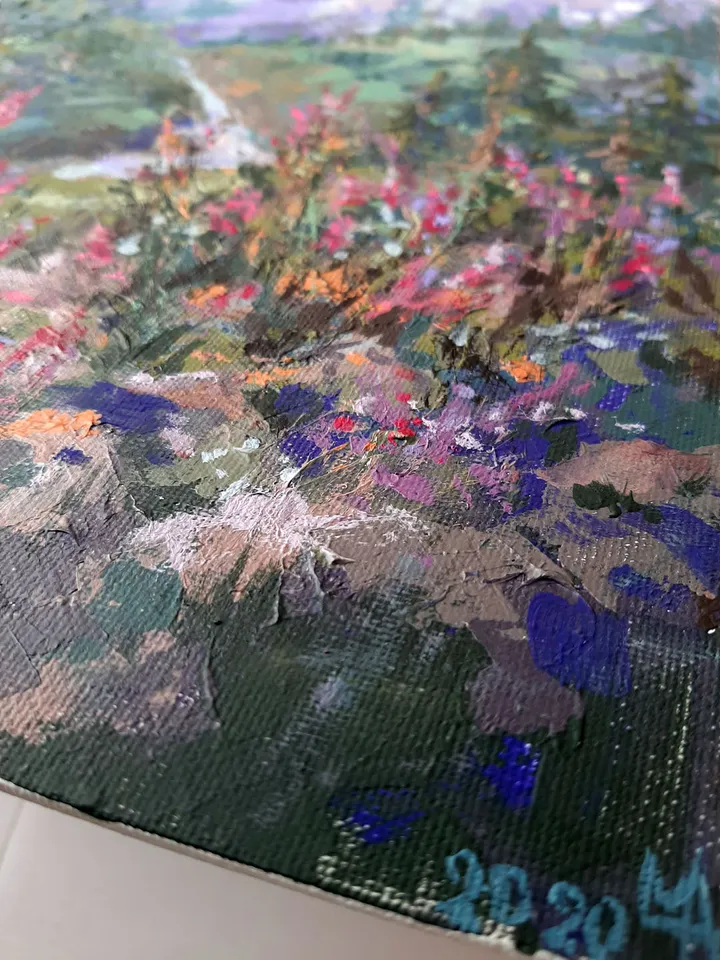 Landscape with mountain flowers ORIGINAL Acrylic Painting 16 x 12" Impressionism Art Signed by artist Marina Chuchko