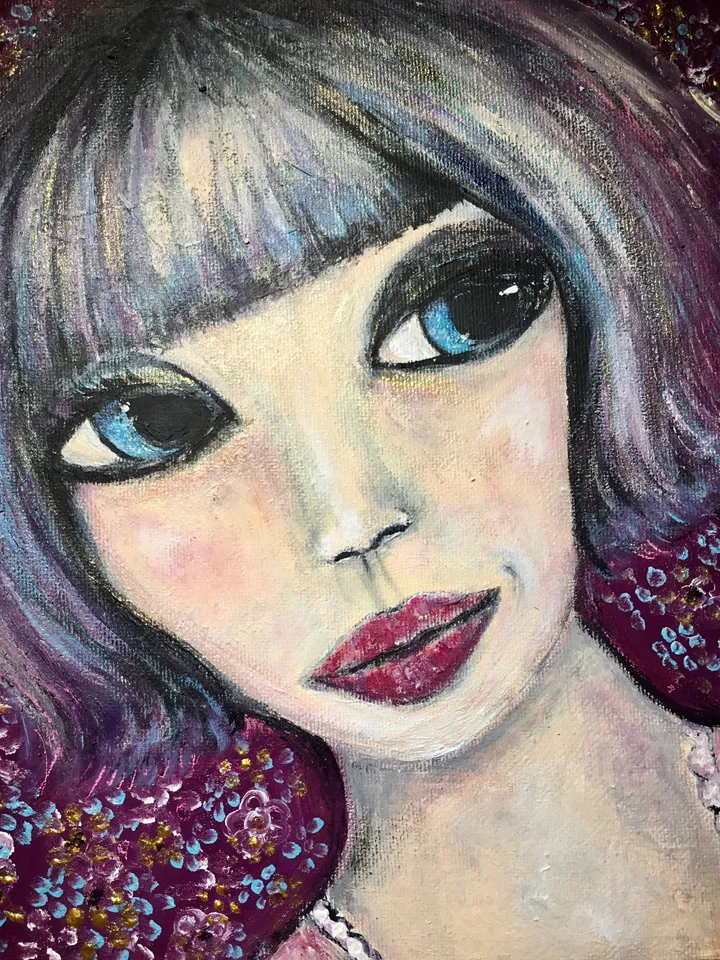 Miko-doll painting on 3 d canvas,original acrylic painting on canvas,Japanese doll painting, handmade painting home decoration,wall art