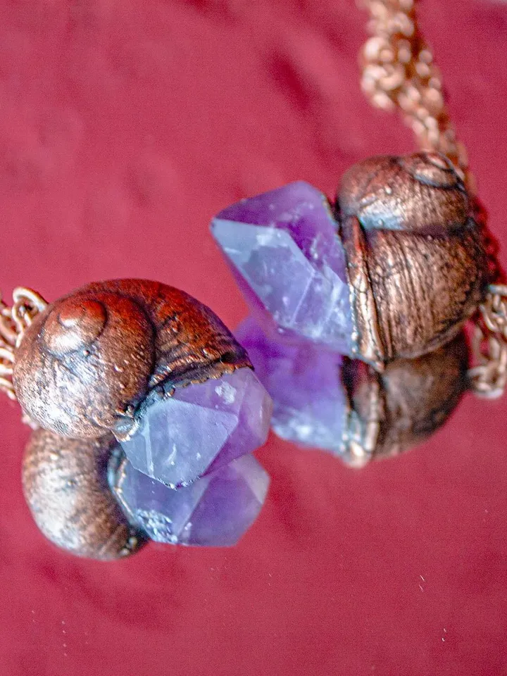 Handmade copper pendant made from real shell using electroforming process, embellished with natural amethyst, great gift for her and him