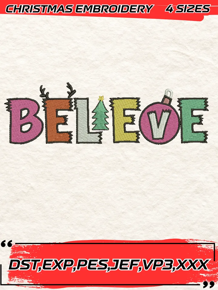 Believe Christmas Embroidery Design,Christmas Embroidery Design,4 Sizes, Digital Download #6