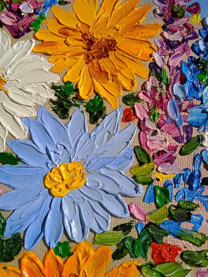 Oil Painting Bright Flowers Chamomile Sunflowers Impasto Art Miniature 18x24 cm