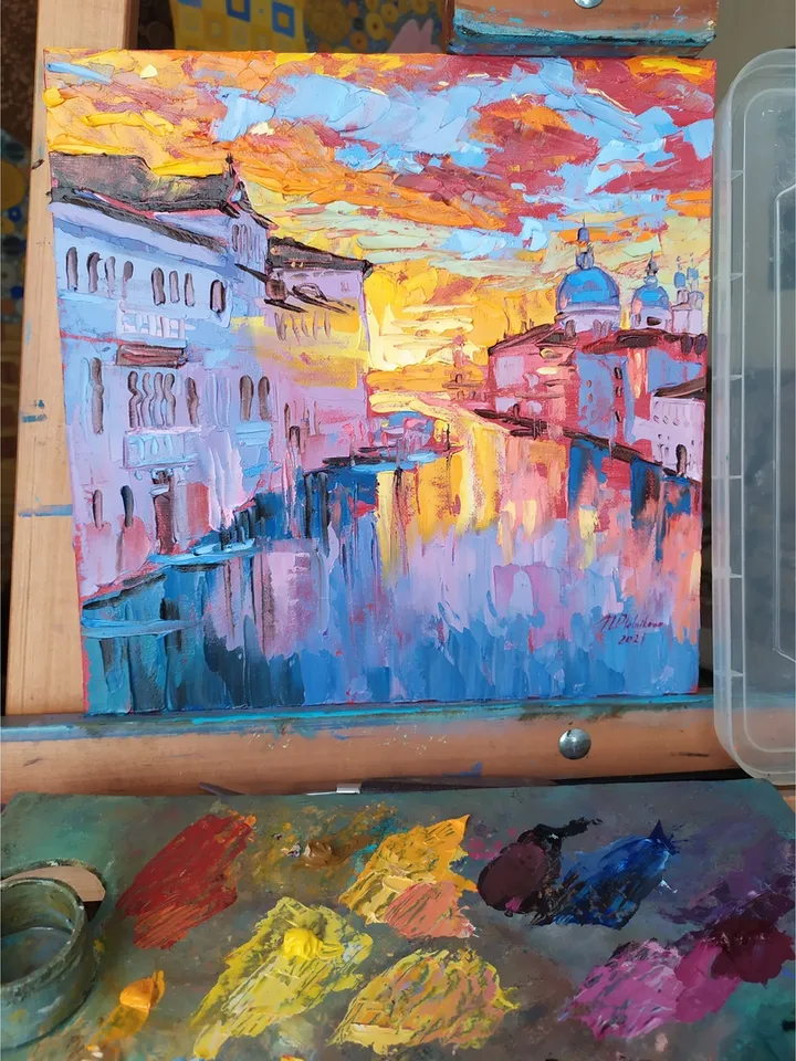 Venice painting Italy Original art Grand Canal wall art Italian artwork square art 12 by 12 by Natalia Plotnikova