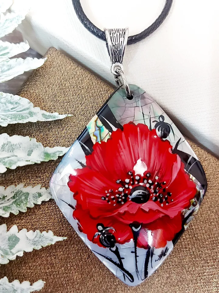 Pearl pendant necklace: Big red poppy flower on handmade necklace • Hand painted statement jewelry for dress • unique trendy floral necklace
