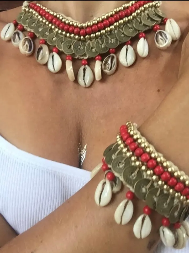 Set of two choker and bracelet | Boho Jewerly | Hippie Coachella Necklace Red | Woman Bali Tropical Shell Coins Necklace Handmade Gypsy