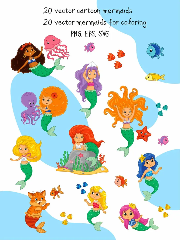 Vector set with cute mermaids