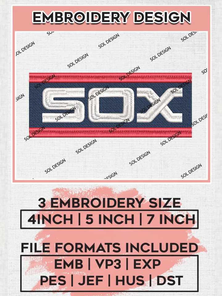 MLB Sox Word Logo Embroidery Files, MLB Chicago White Sox Team Embroidery, NCAA Teams, 3 sizes, Machine embroidery designs, Digital Download