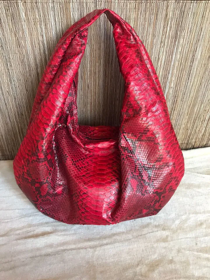 Big Soft Hobo Classy Sport Woman Bag | Purse Genuine Python Skin | Python Skin Products | Red Big Elegant Leather Designer Soft Bag Snake