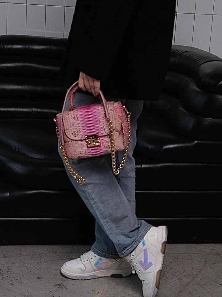Genuine python top handle bag / designer bag / exotic leather bag / baby pink multicolor summer bag / snake print designer classy purse