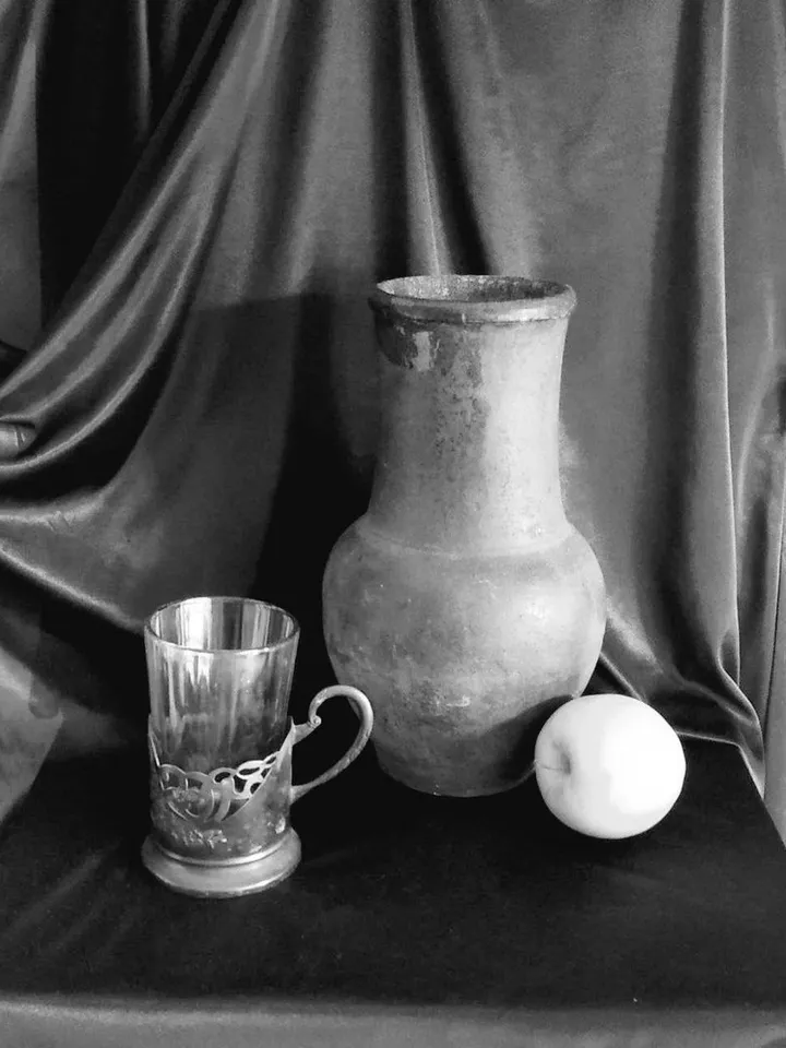 Still life pencil drawing coaster apple fabric vintage paper 12x8 inches