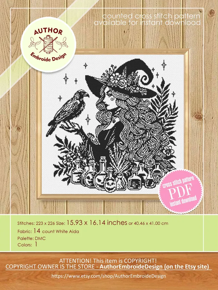Halloween forest witch cross stitch pattern PDF download Halloween cross stitch chart monochrome, Gothic pattern digital PDF Black crow #H77
