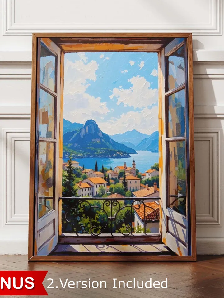 Open Window Lake Como Art Print Henri Matisse Style Fauvist Exhibition Poster Italian Mediterranean Patio Scene Digital Download Decor HMS2