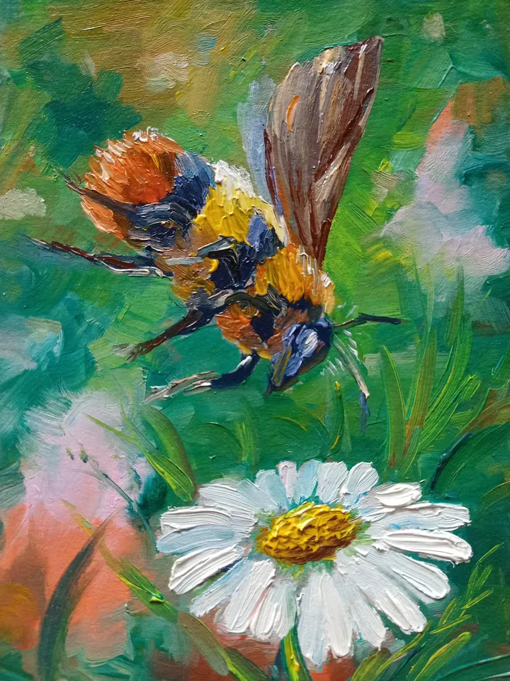 Oil painting wall art bumblebee wall art diptych painting flowers and insects summer bee spring wall decor, gift Pair painting ladybug art