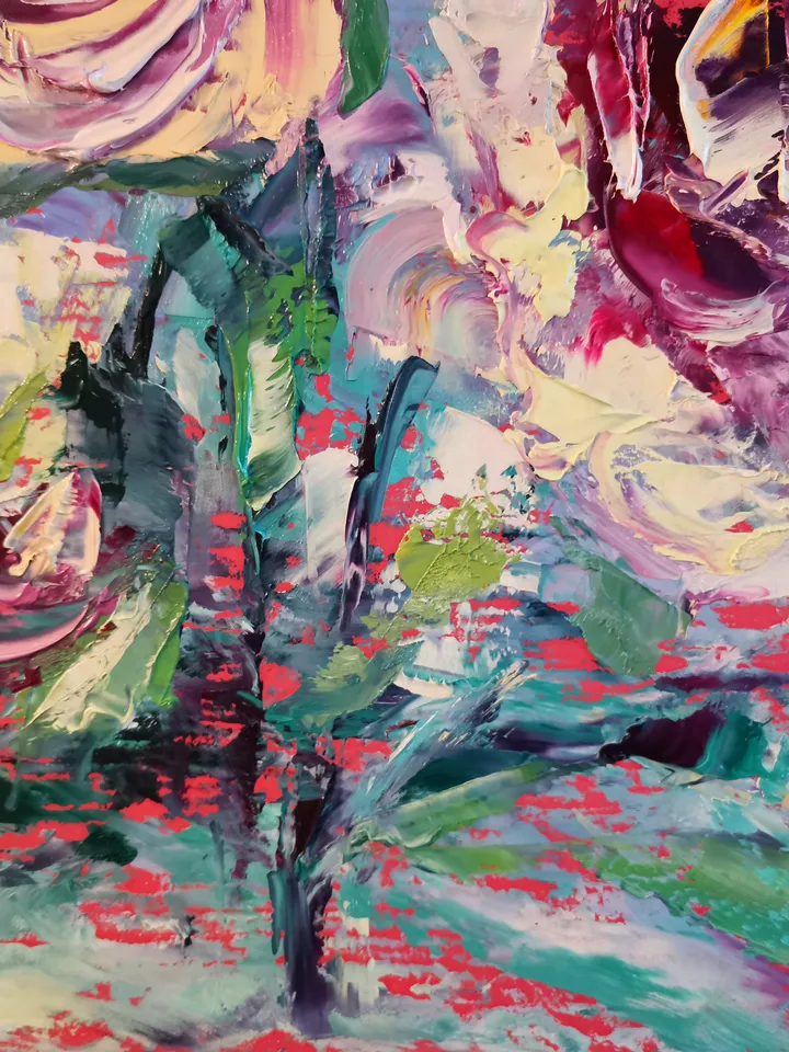 Oil Painting Flower Pink Roses Bushes Impasto Original Artist Svinar Oksana
