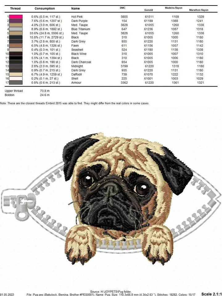 Pug in a zipper pocket Miniature realistic machine embroidery design Pet dog realistic pattern puppy embroidery motif