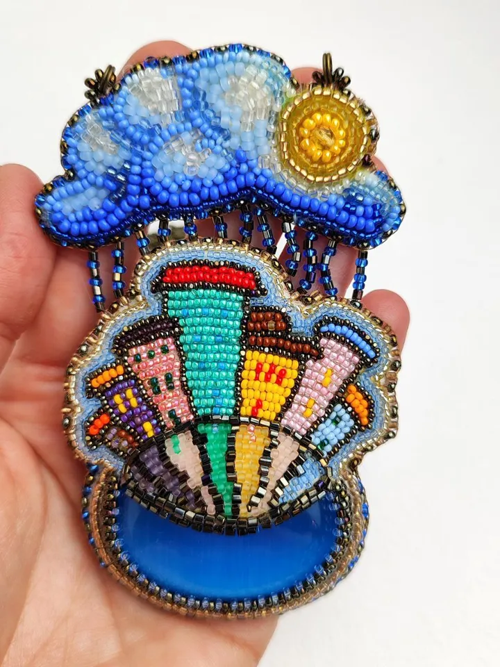 Pendant necklace Rain in the city embroidered landscape jewelry 6,5 by 10 cm