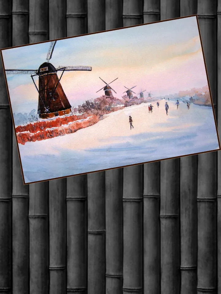 Watercolor painting. Holland. Rotterdam mills and skating rink. The Winter Fun series 30x40cm (approx.11.8х15,7 inches with margins)
