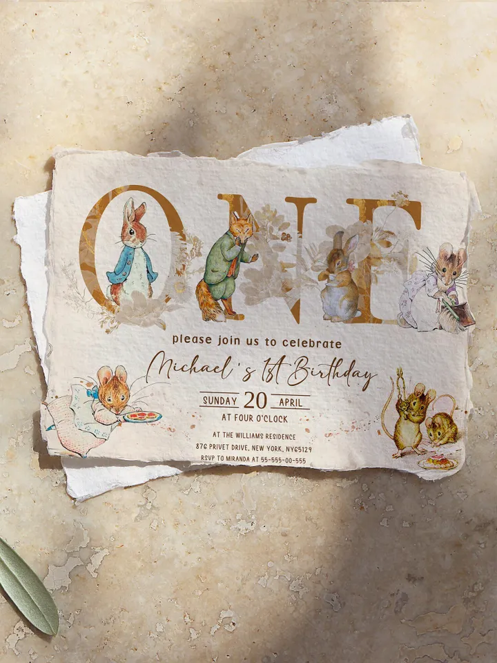 Rustic Peter Rabbit First Birthday Invitation Template;  Spring Bunny Classic Peter Rabbit Birthday Invitation  Handdrawn Peter Rabbit