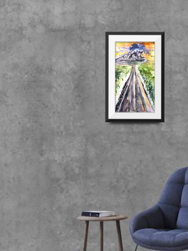 Alaska sunset,road,mountains.snow,original watercolour painting,wall art