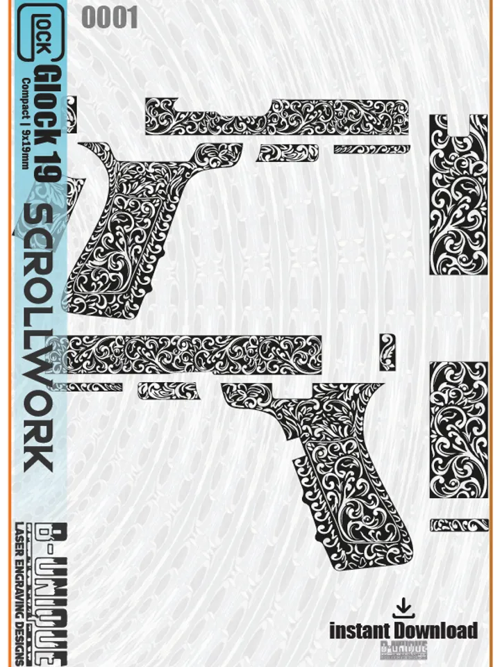 Glock 19 Glock 17 Gen 5 Scroll Design, laser engraving file, ezcad ready files, laser cut, fiber laser svg, armsdesign, engraving patterns svg. Stippling