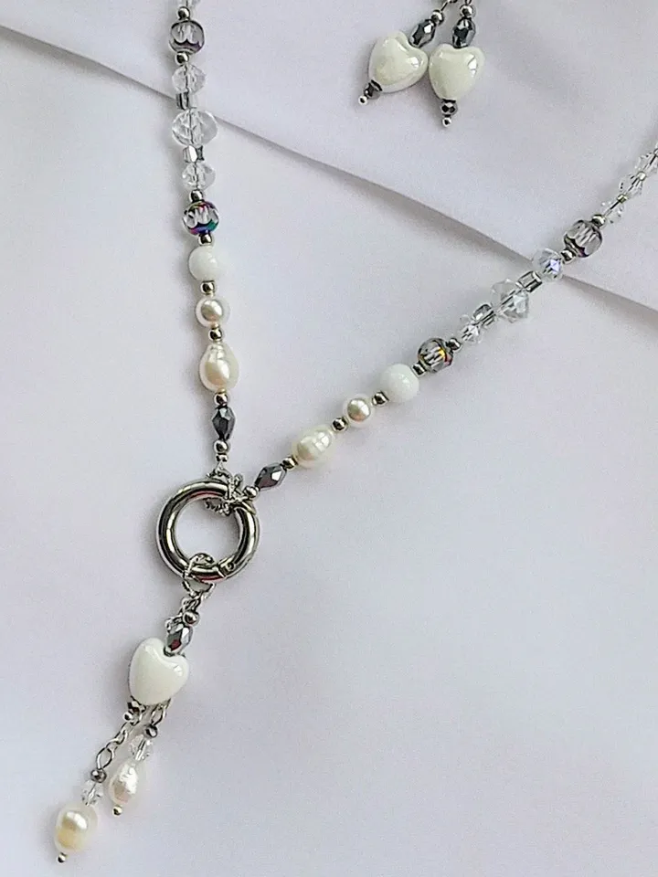 White Heart necklace and earrings set with natural pearls silver, heart shaped jewelry love gift, pearl earrings