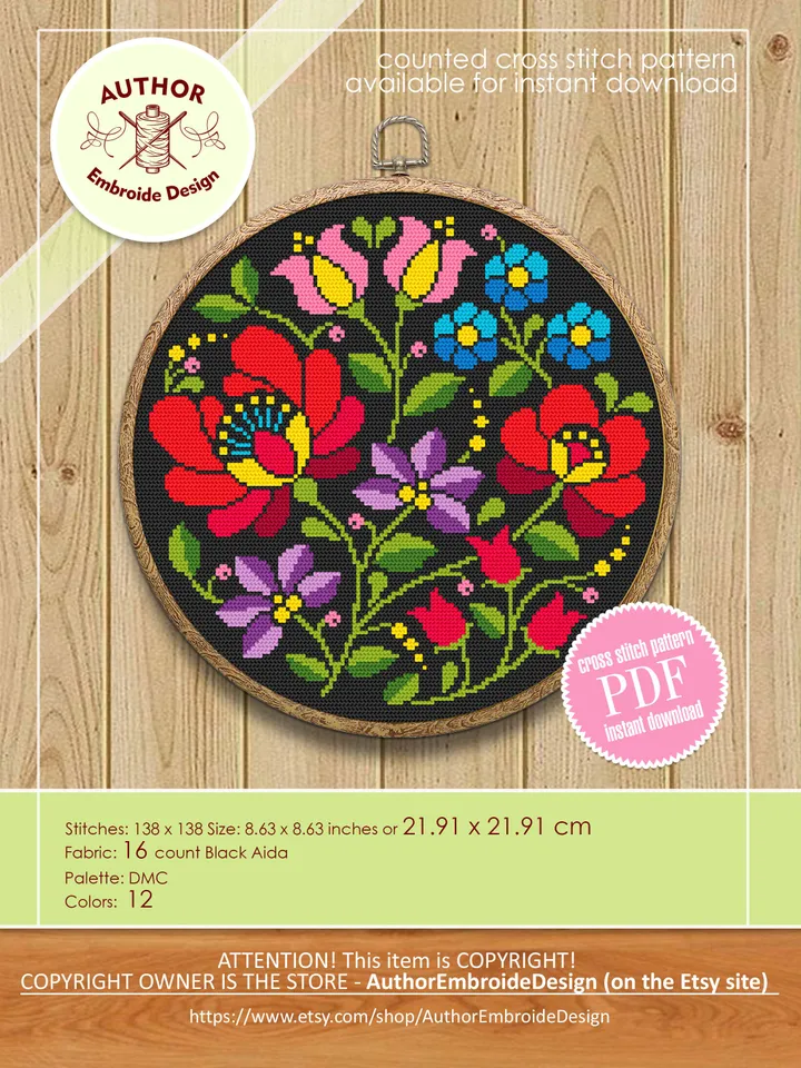 Flowers cross stitch pattern download PDF, Folk cross stitch chart, Modern floral ornament cross stitch, Ukrainian folk embroidery PDF #P28