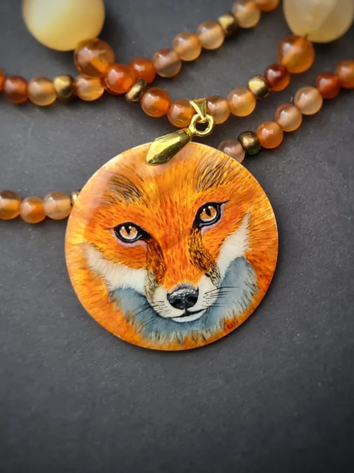 Fox necklace Miniature painting. Mother pearl pendant. Christmas Gift wrapping